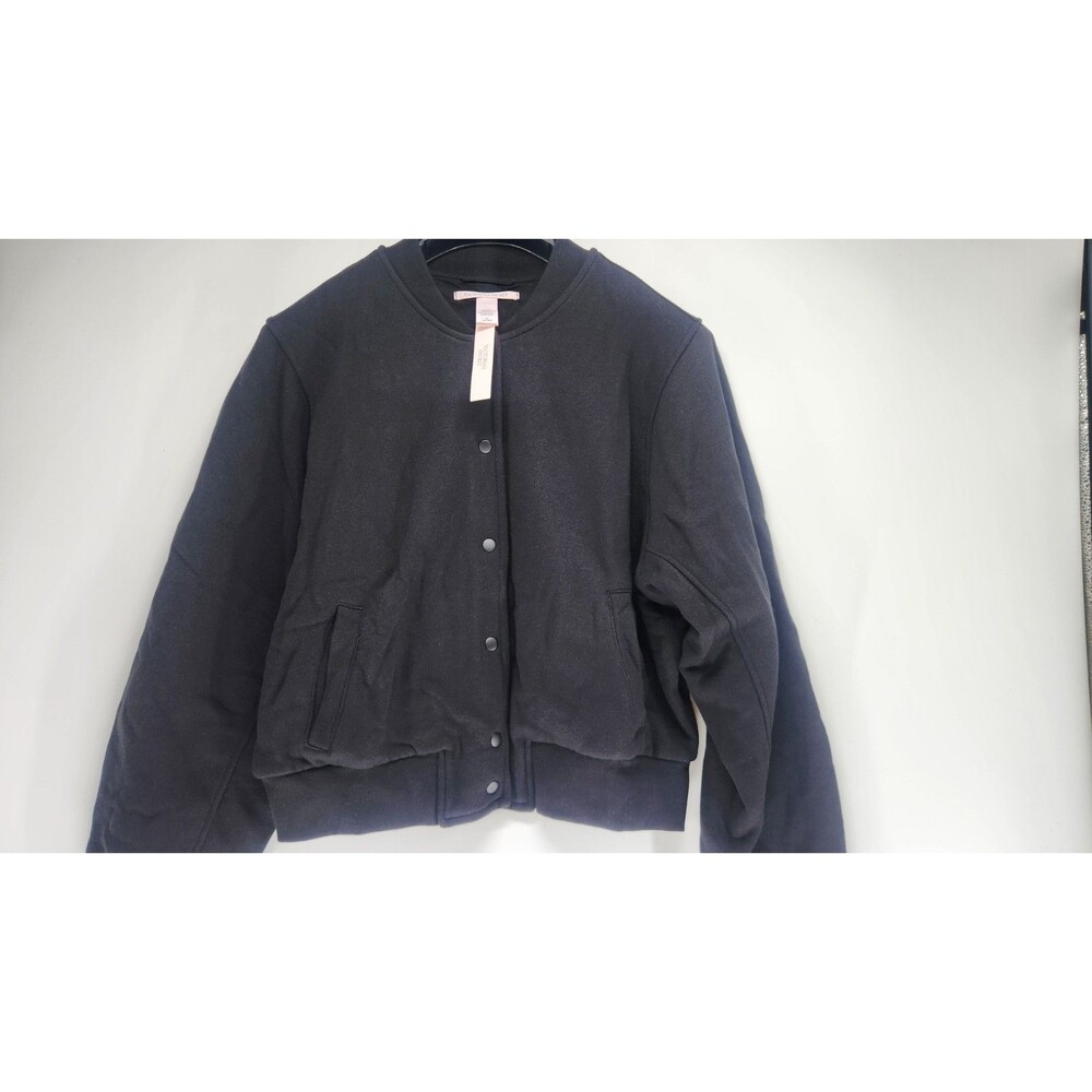 NWT Victoria's Secret Medium Black Cotton Fleece Snap Bomber Jacket